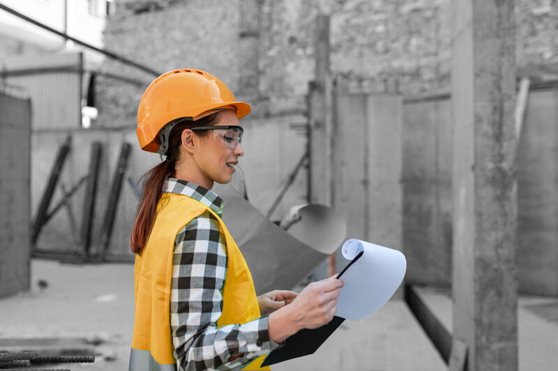 HCA Assekuranz Versicherungsmakler Frau auf Baustelle mit Plan in der Hand